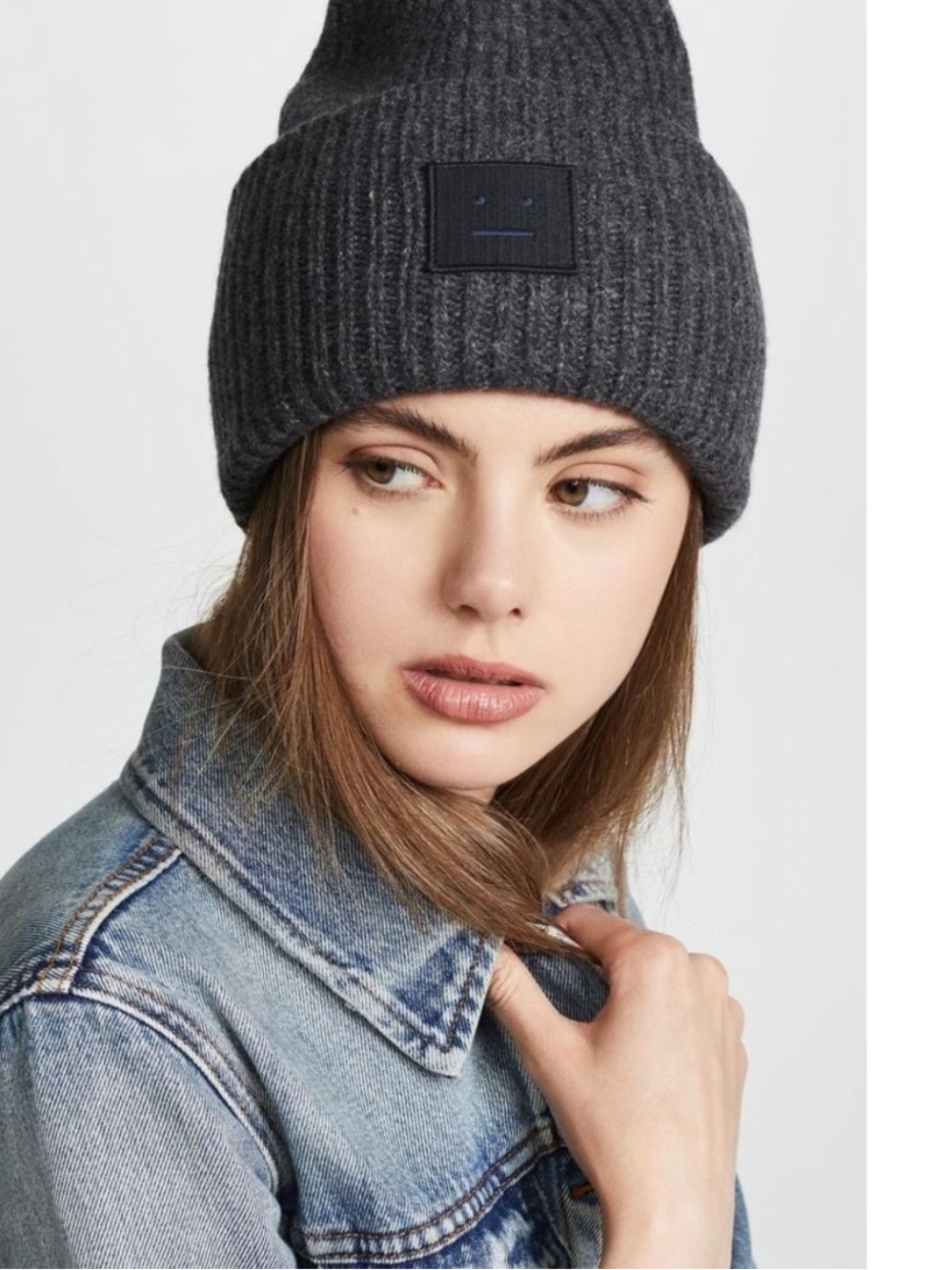 Acne Gray Ribbed Knit Beanie with Face Patch -